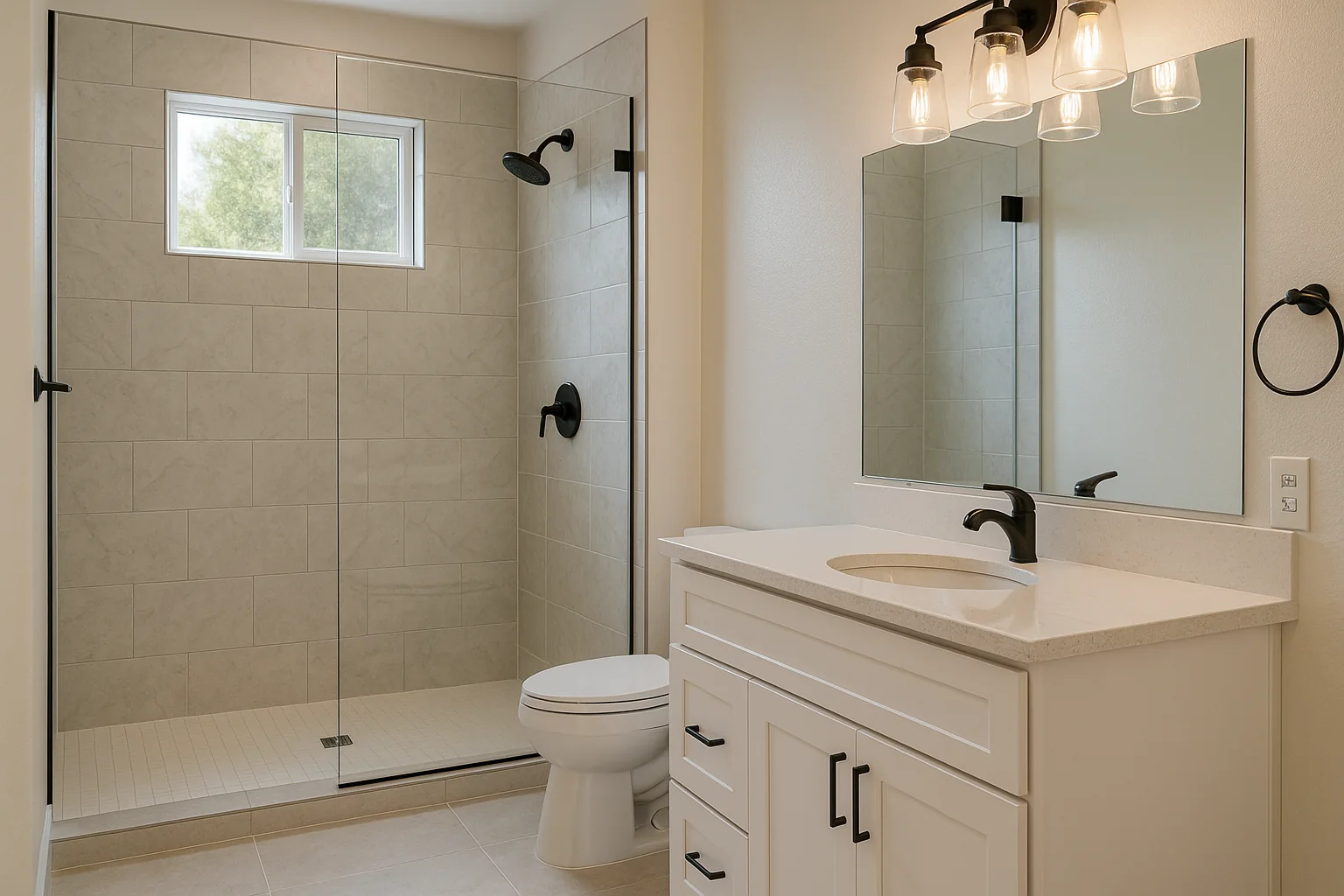 Remodeled modern bathroom in a Medford home with tile and clean fixtures
