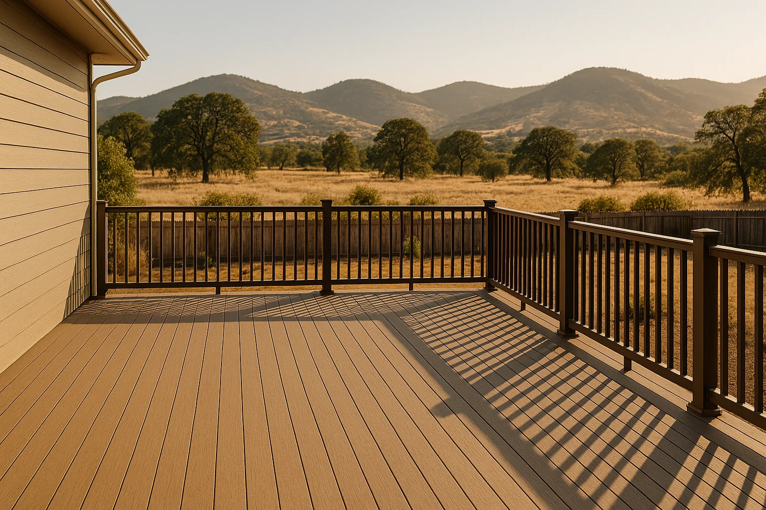 New backyard deck on a Medford home with composite boards and Rogue Valley hills