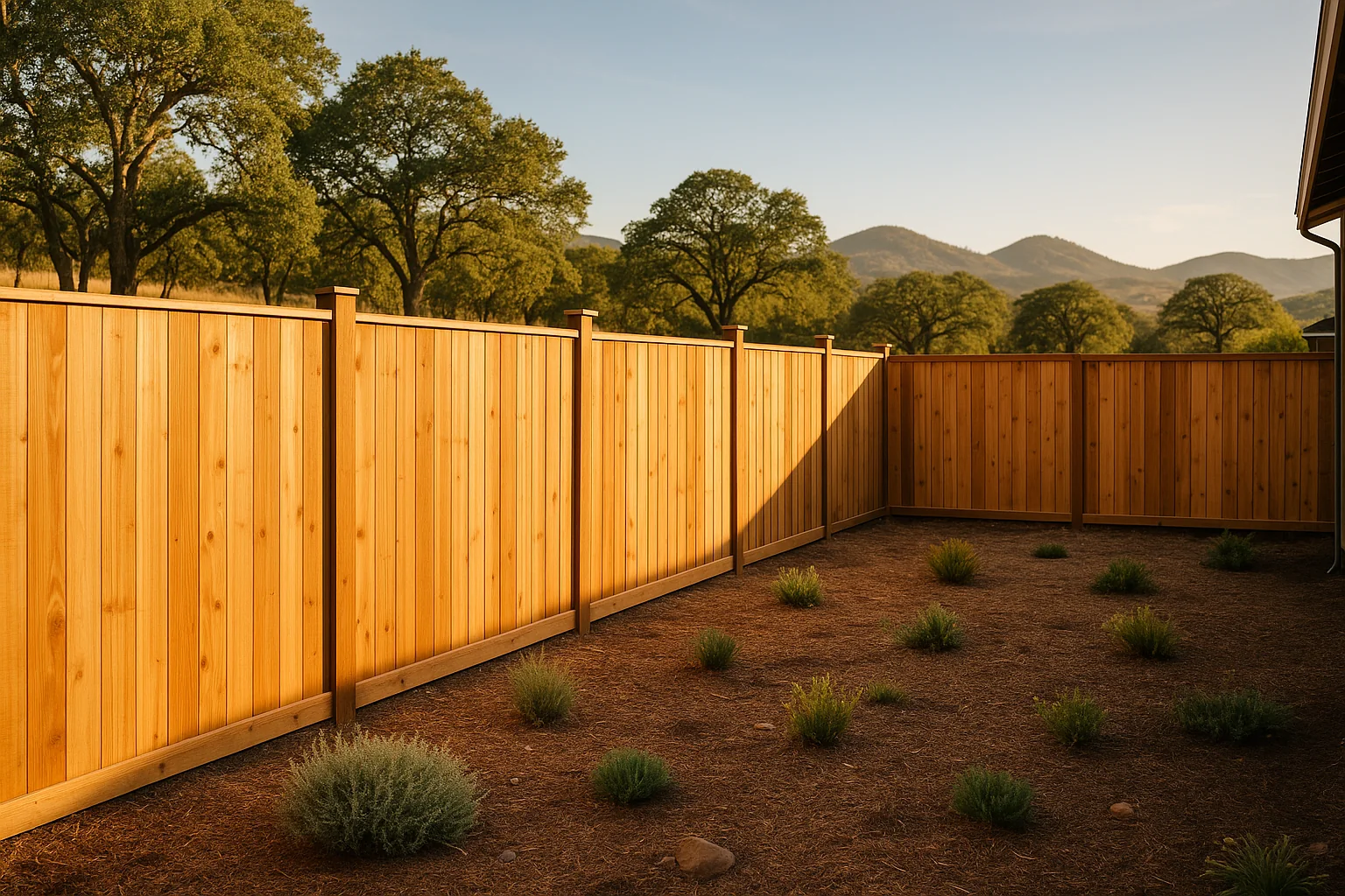 New cedar privacy fence in a Medford backyard under warm dry light