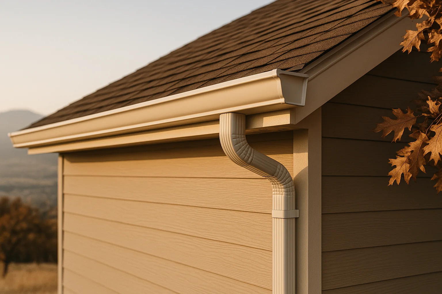 Seamless gutters on a Medford home under warm dry Rogue Valley light