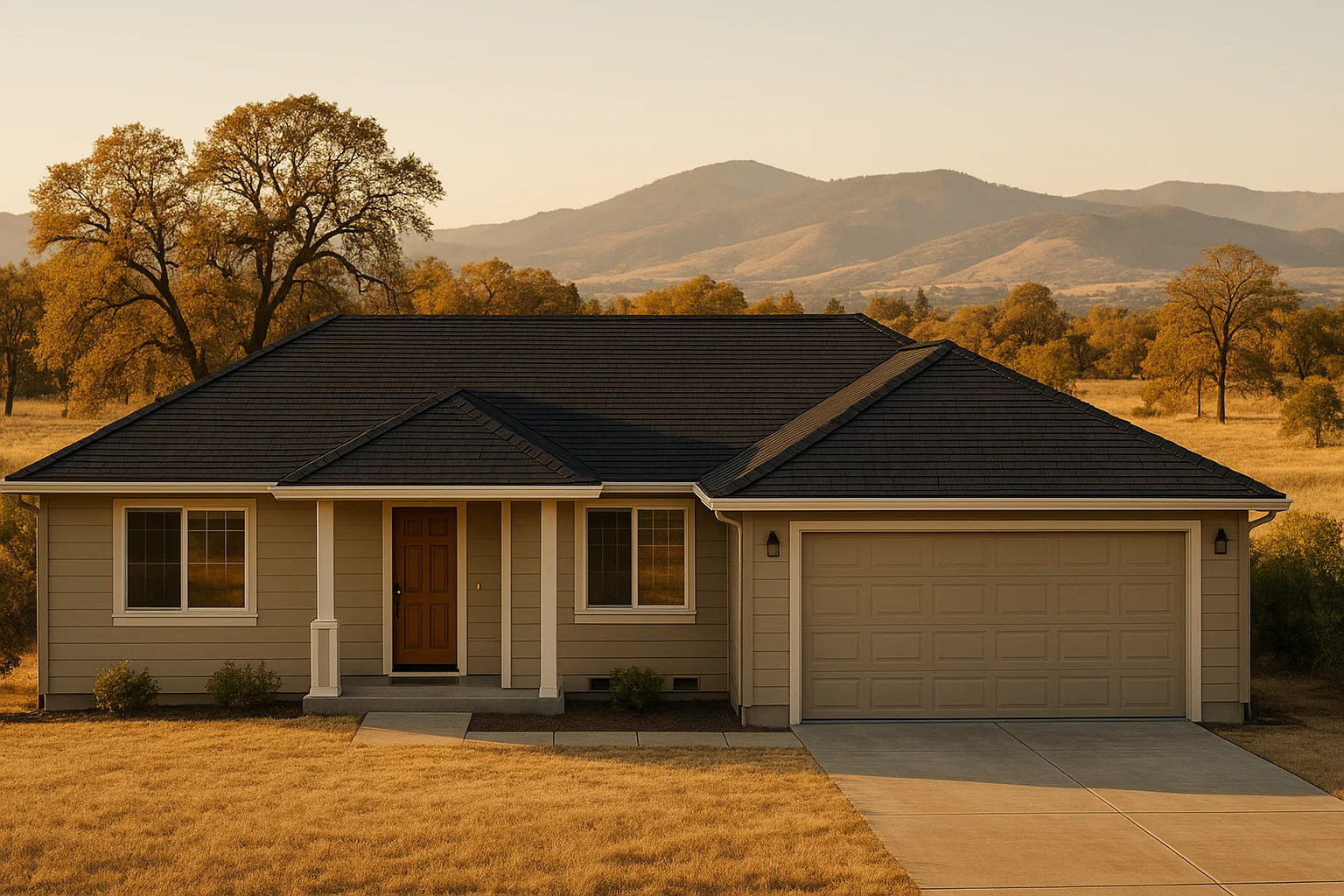 New heat-rated composition roof on a Medford home with Rogue Valley hills behind