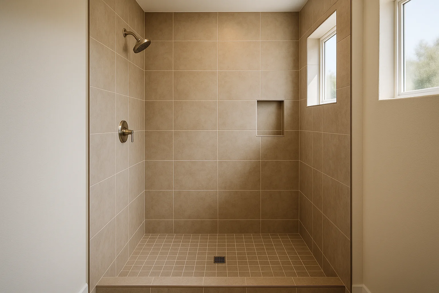 Newly tiled walk-in shower in a Medford home bathroom
