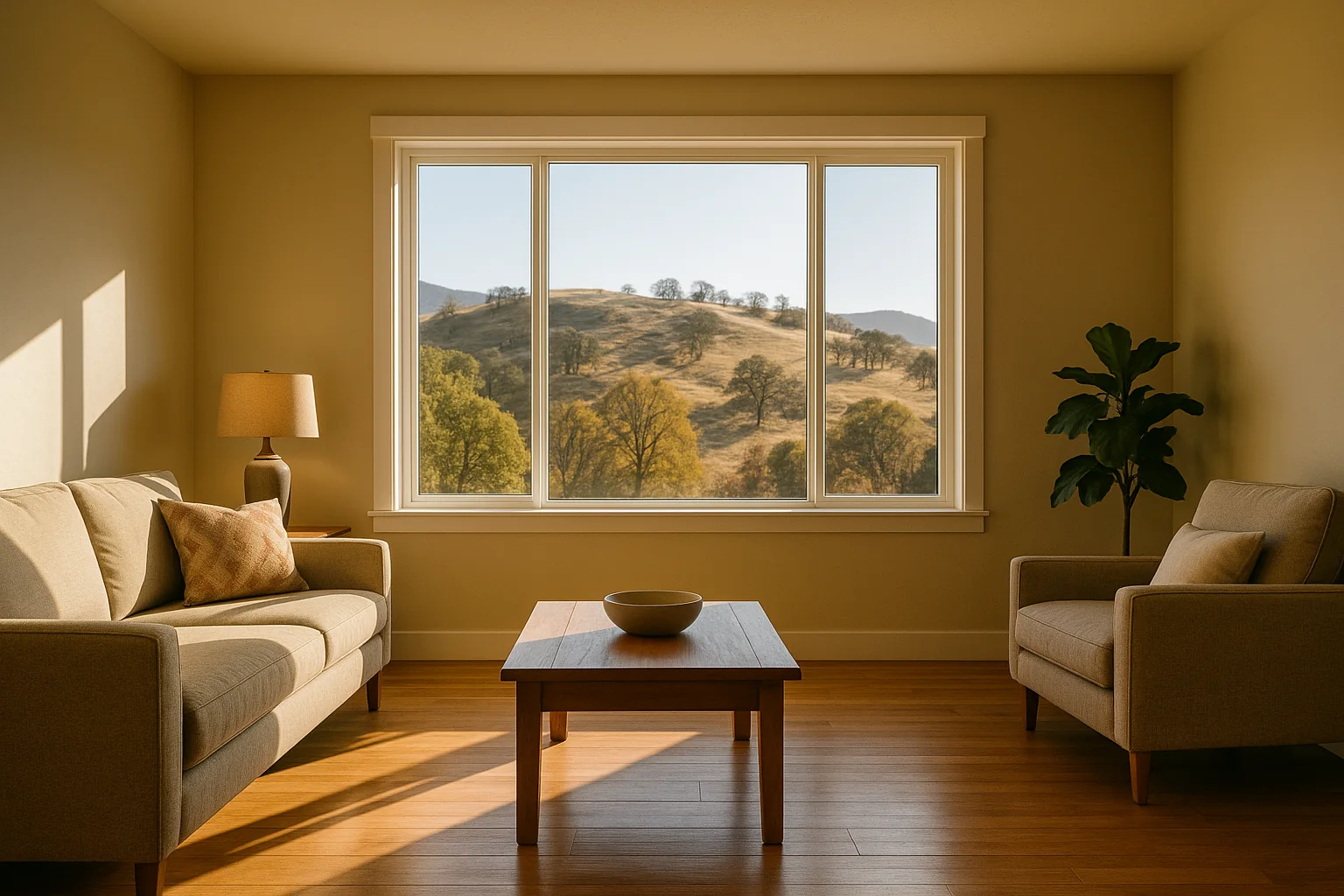 New Low-E windows on a Medford home interior with warm valley light